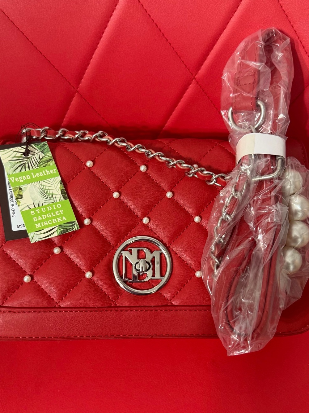 Badgley Mischka Red Quilted Pearl-Accent Shoulder Bag with Silver Chain